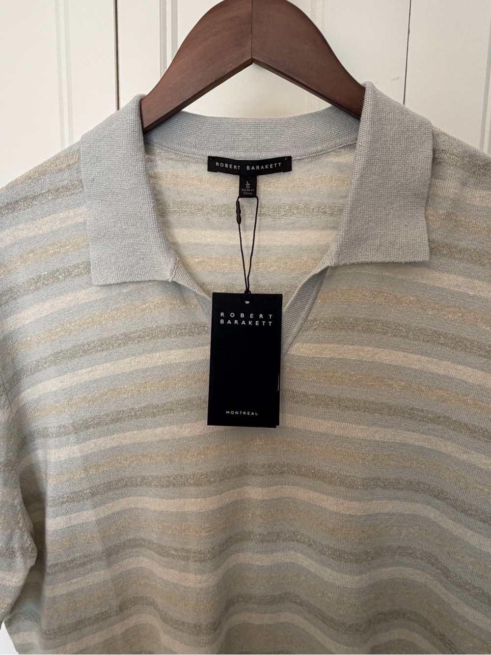 Robert Barakett Light Blue/Beige/Olive Striped Polo. Linen & Cotton blend